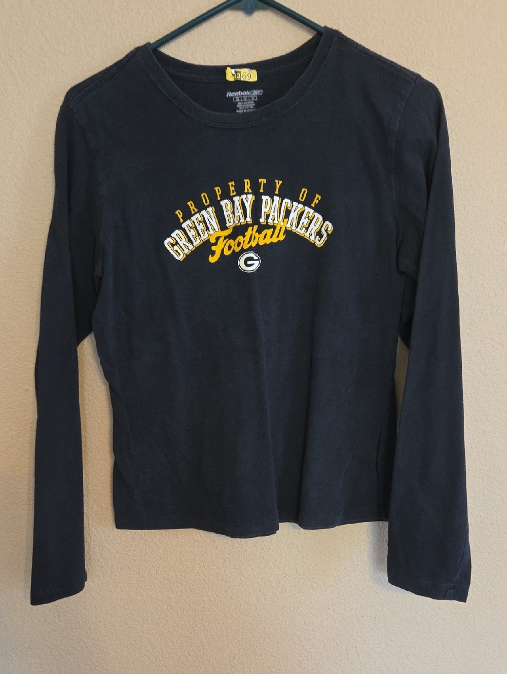 Reebok Navy Green Bay Packers Long Sleeve Tee with Yellow Logo